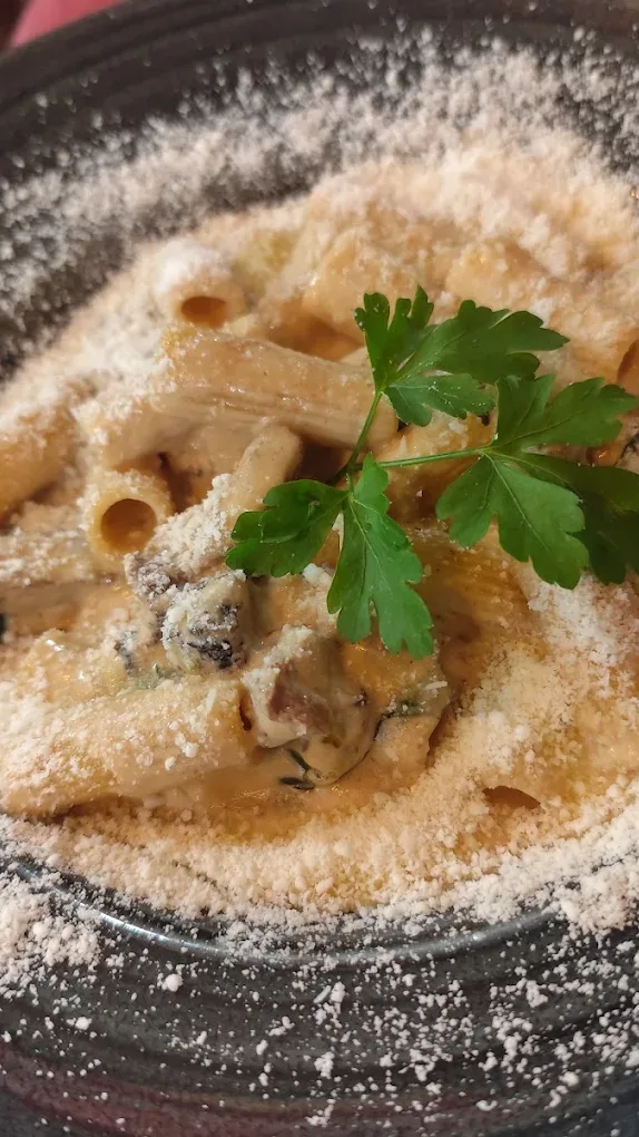 Pasta corta y rayada en salsa cremosa, de cerca: una rama de perejil encima y una lluvia de queso rallado sobre el plato de gres oscuro.